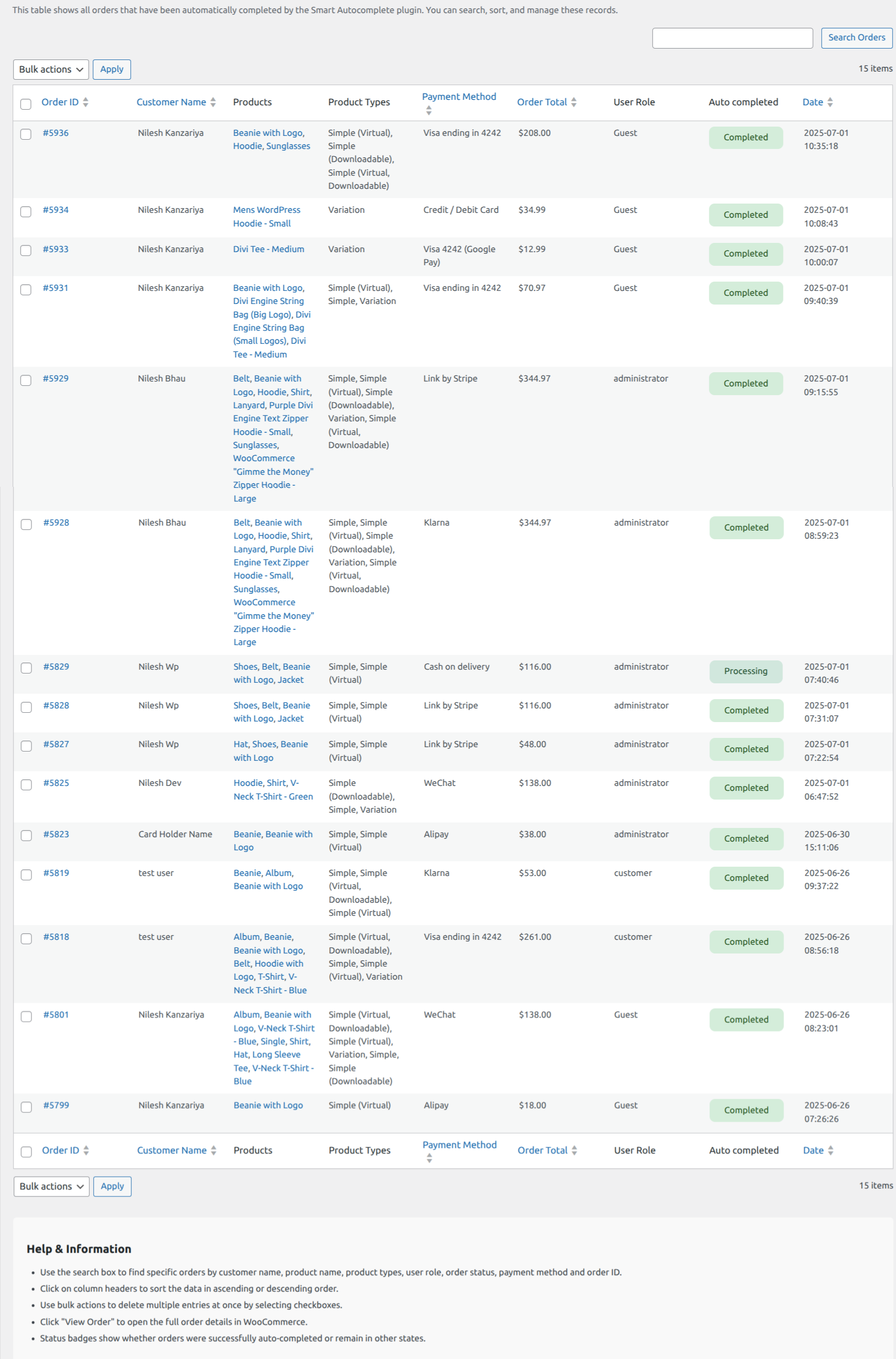 Admin Order Table - Main Interface