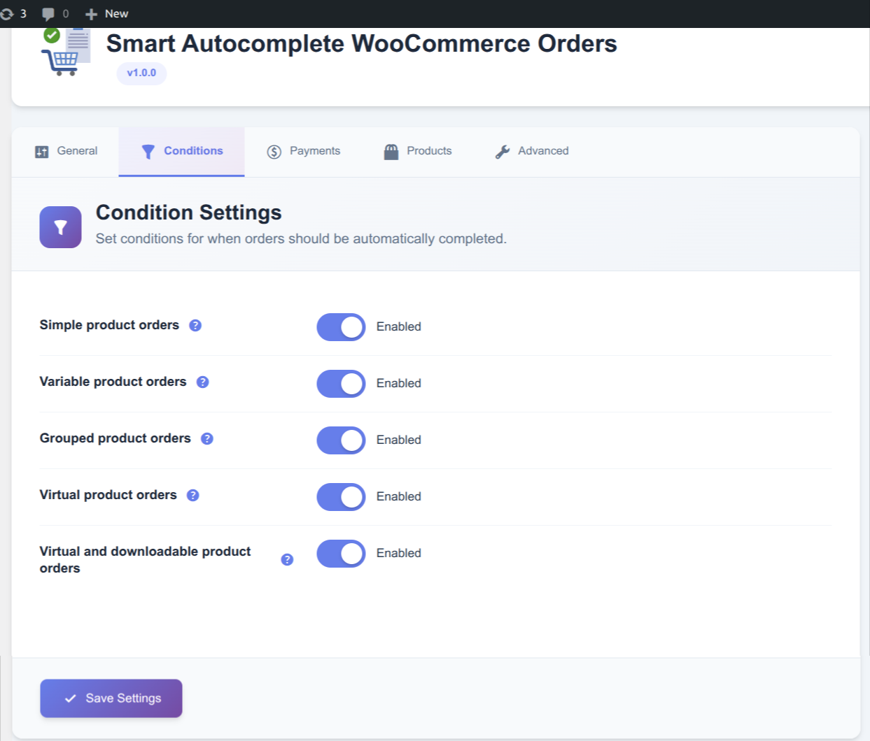 Condition Settings Tab - Product Type Filters