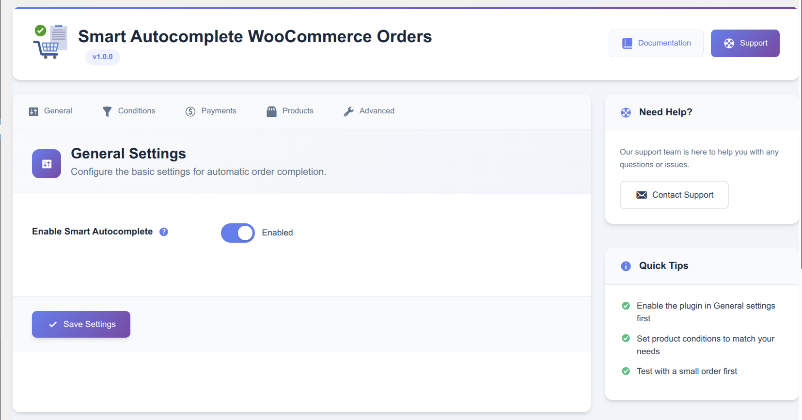 Smart Autocomplete Settings Page - Main Interface
