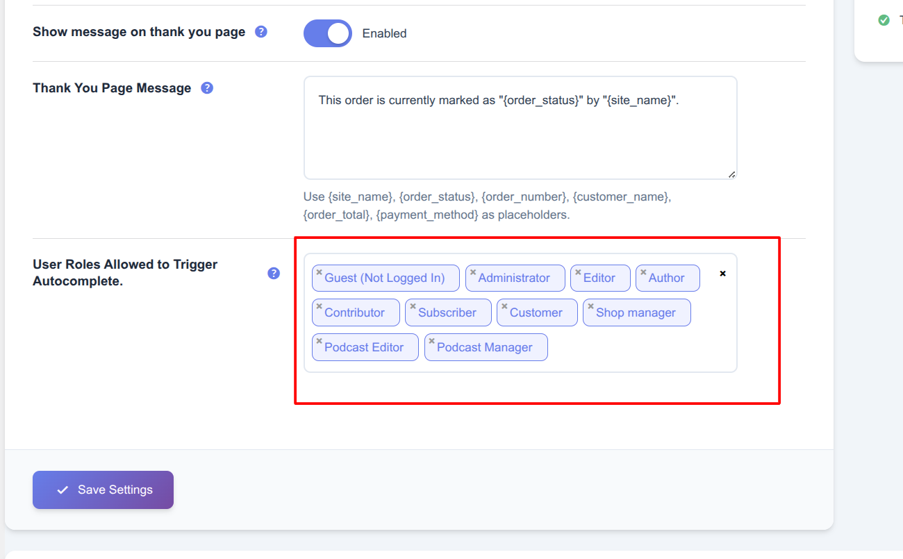 User Role Selection Interface in Advanced Settings